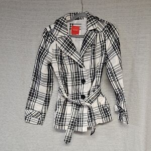 Esprit Women's Black and White Plaid Mid Length Trench Coat